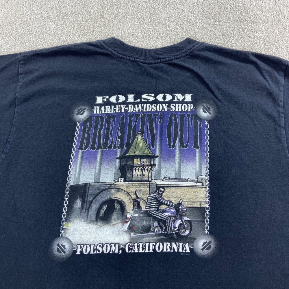 Vtg Harley-Davidson T-Shirt Mens XL Black Folsom California Breakin Out 2003